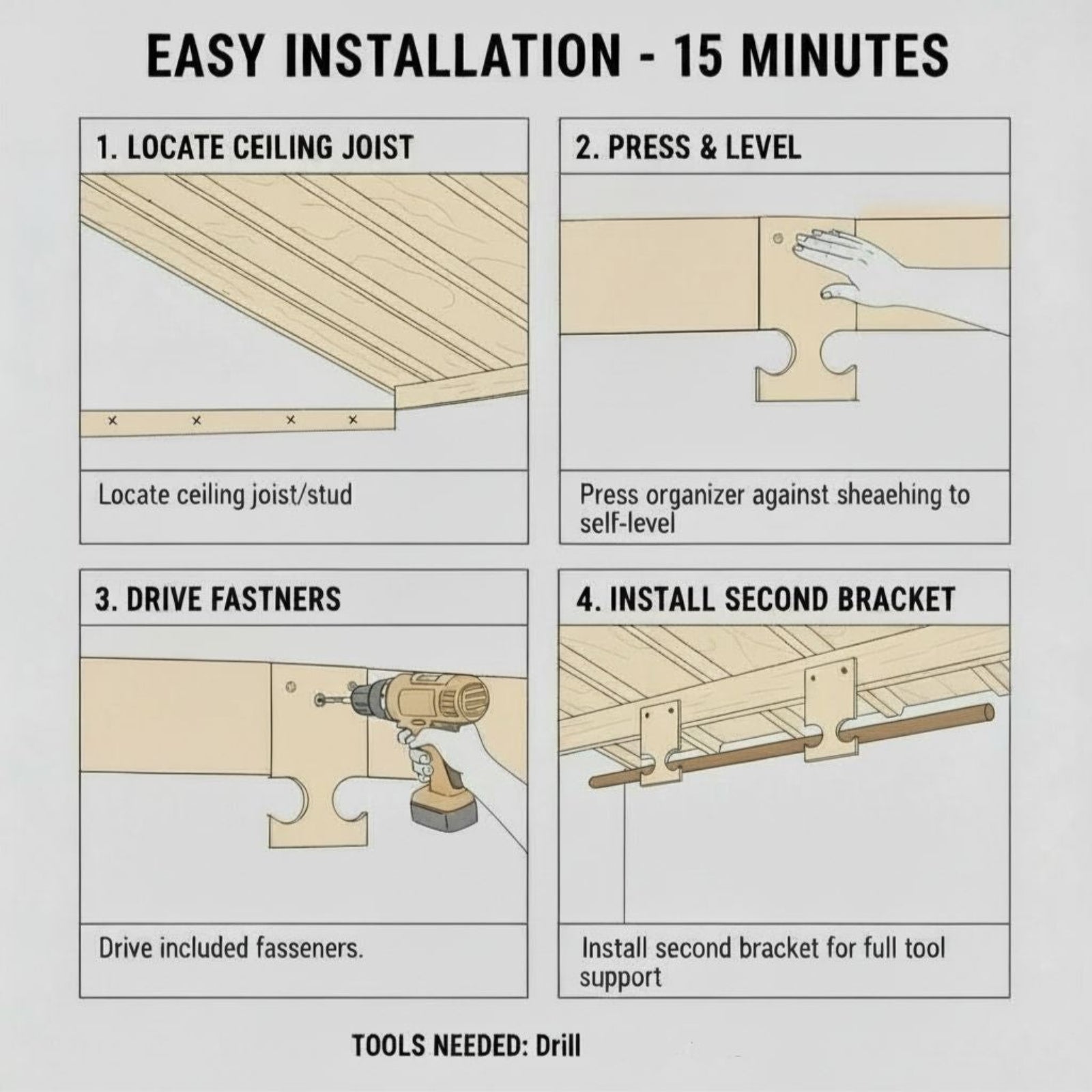 Installation guide for the stud-mounted pole saw and pool equipment organizer showing four steps: locate ceiling joist, position organizer, drive fasteners, and install second bracket, with required tools listed as drill.
