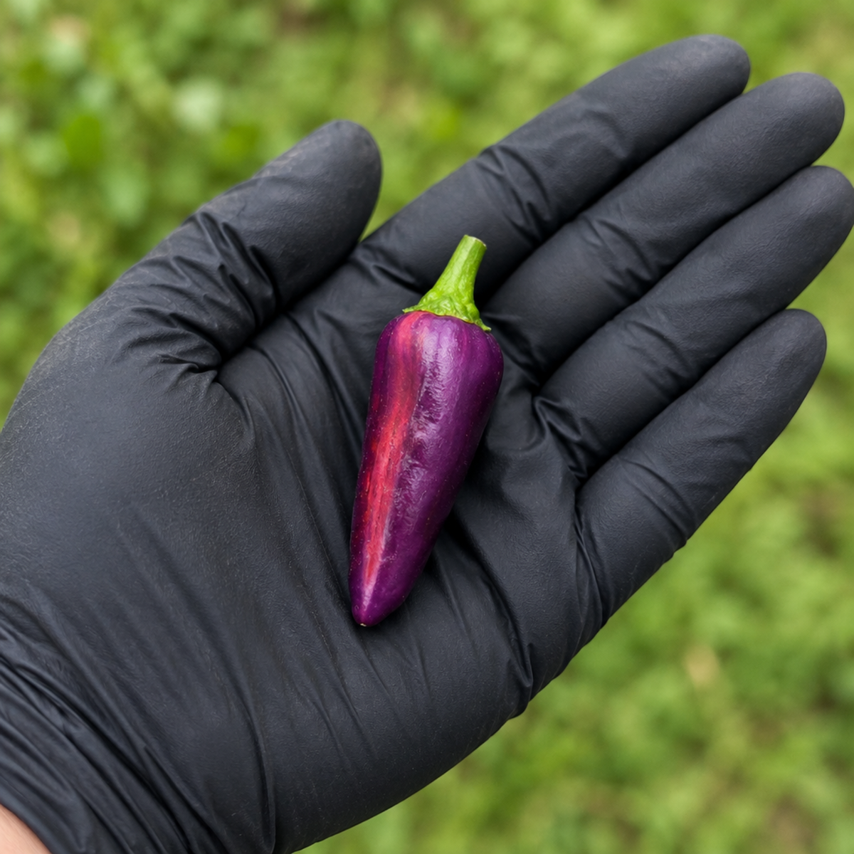 Single Purple Tiger pepper on a black-gloved palm used to display pepper seeds for sale
