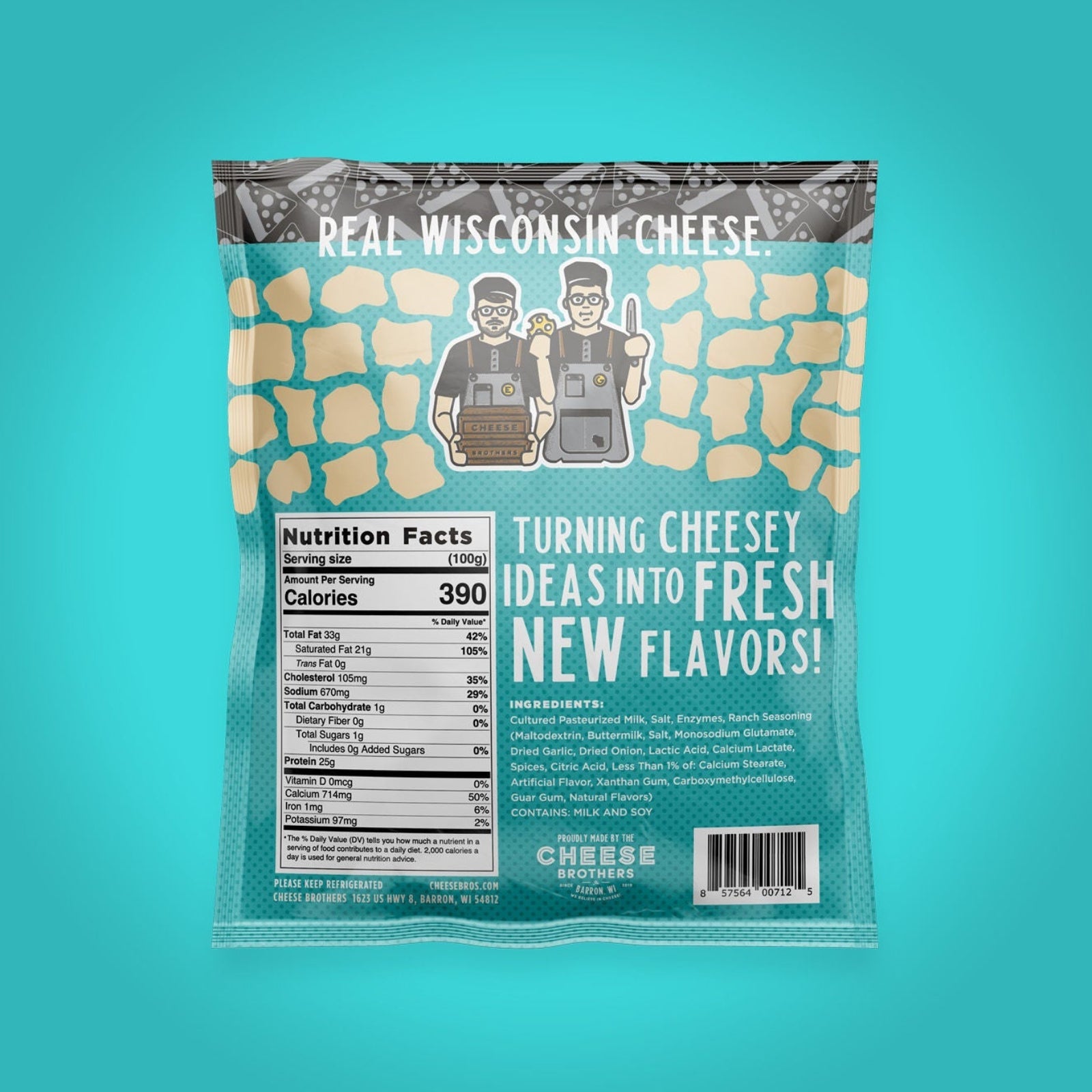 Ranch cheese curds packaging with branding and nutritional information on a teal background