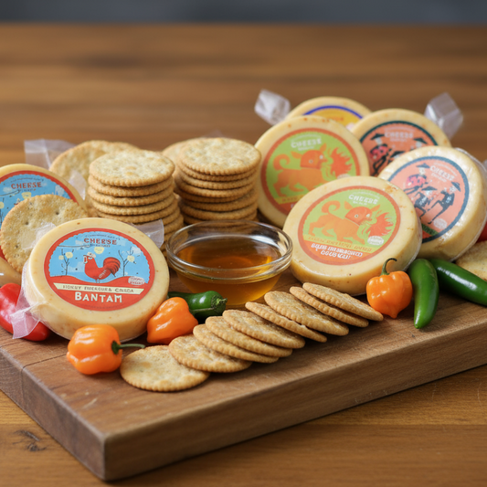Rustic spicy cheese lovers collection board with peppers and honey