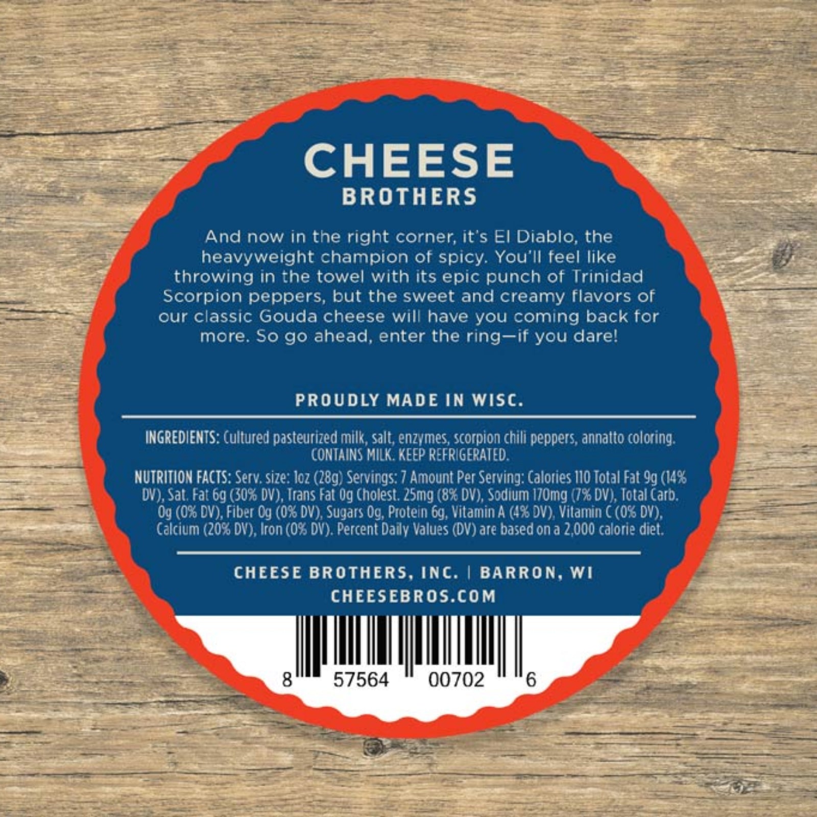 scorpion pepper gouda cheese packaging label on wood background. 