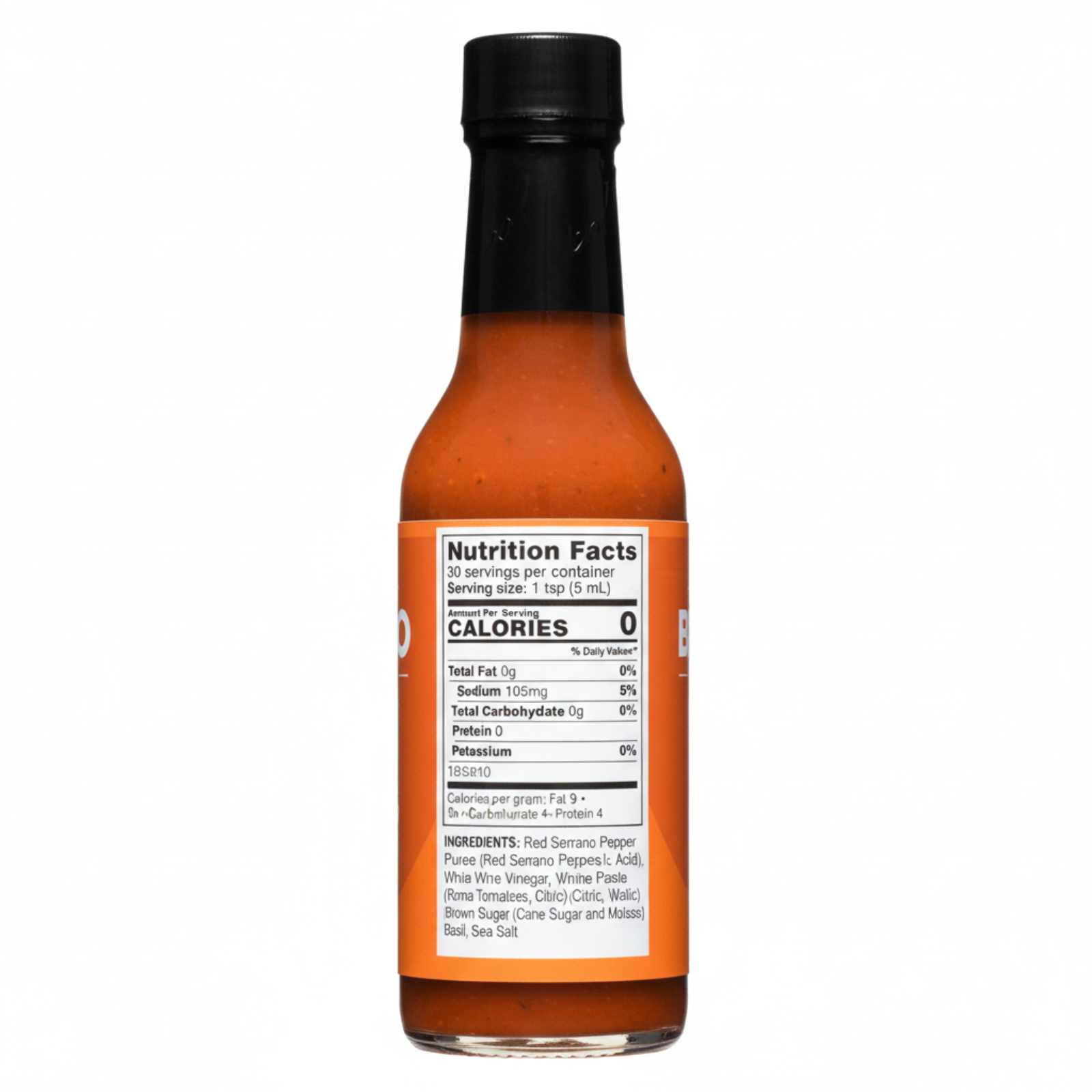 Back label of Serrano Basil Hot Sauce bottle showing ingredients and nutrition facts