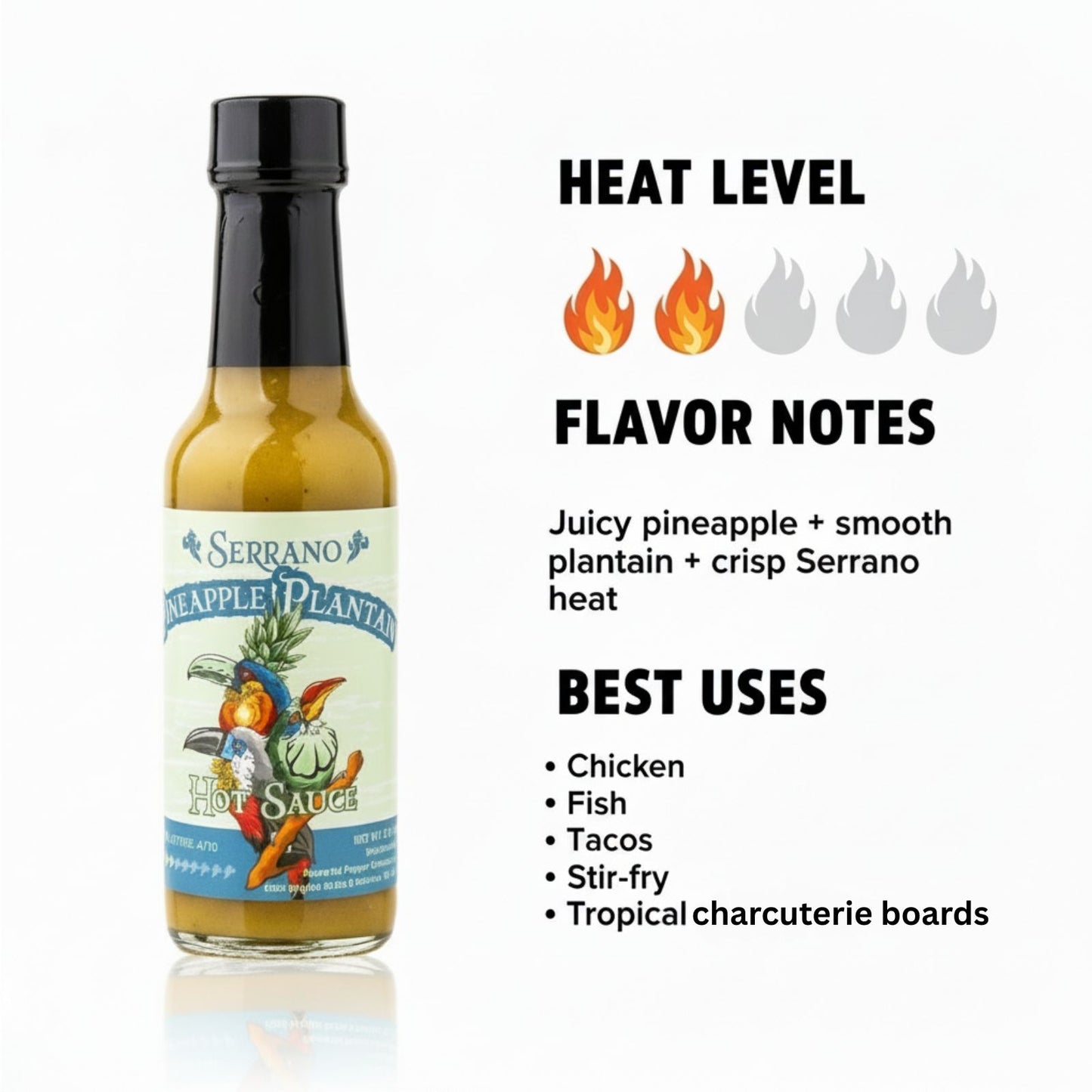 Serrano Pineapple Plantain Hot Sauce heat and flavor infographic showing heat level 2 of 5 with juicy pineapple, smooth plantain, and crisp Serrano heat flavor notes, suggesting best uses on chicken, fish, tacos, stir-fry, tropical charcuterie boards.