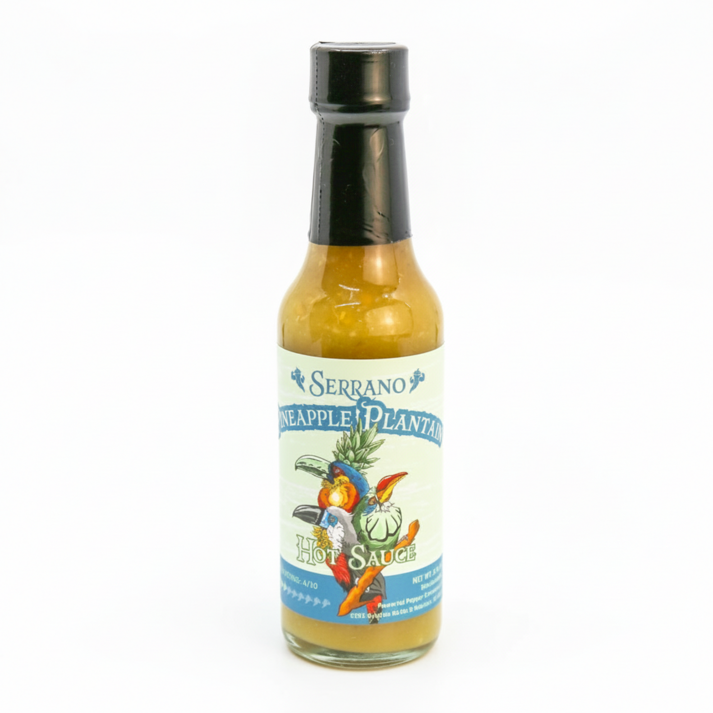 Serrano Pineapple Plantain Hot Sauce on white background