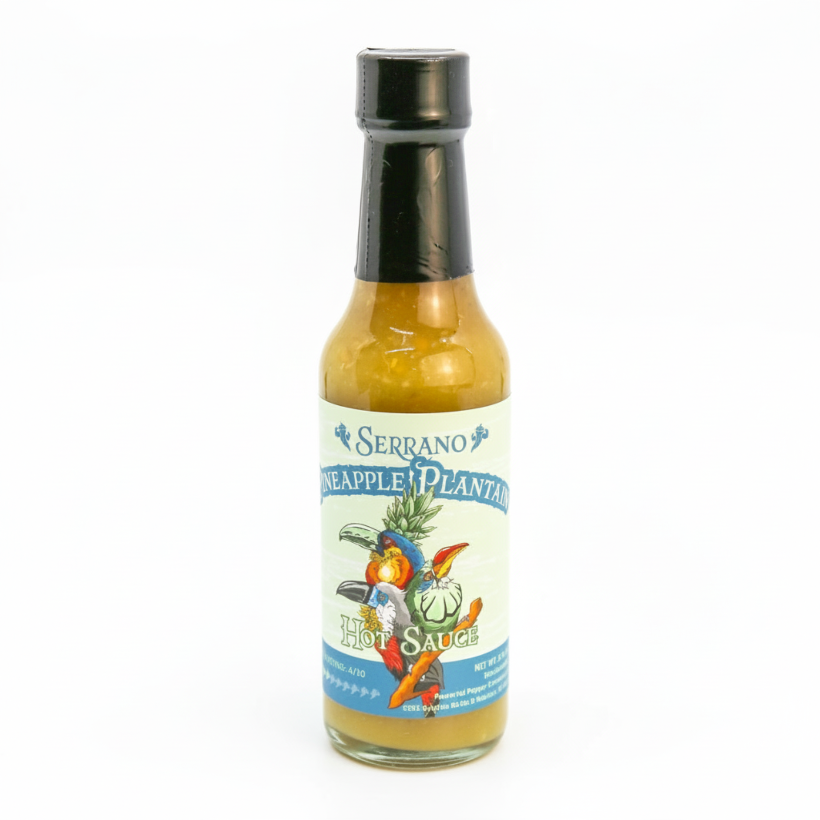 Serrano Pineapple Plantain Hot Sauce on white background