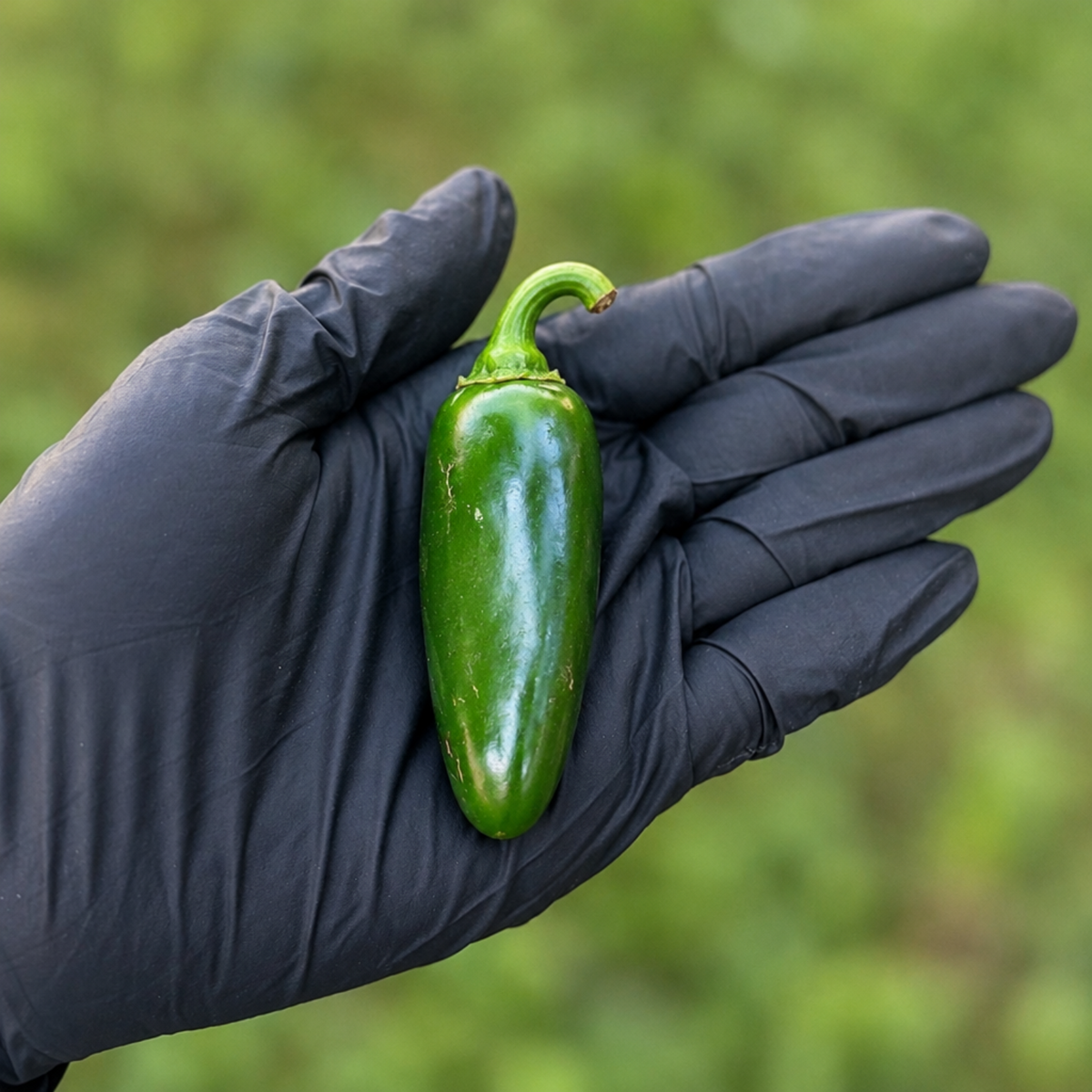 Single green jalapeño centered on a black-gloved palm used to display pepper seeds for sale