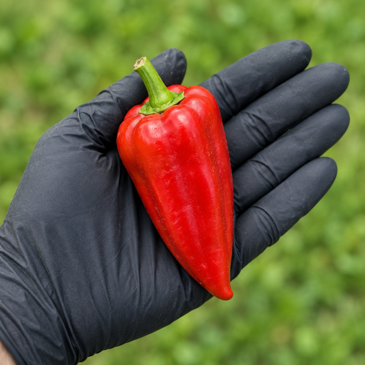 Single Leutschauer paprika pepper on a black-gloved palm used to display pepper seeds for sale