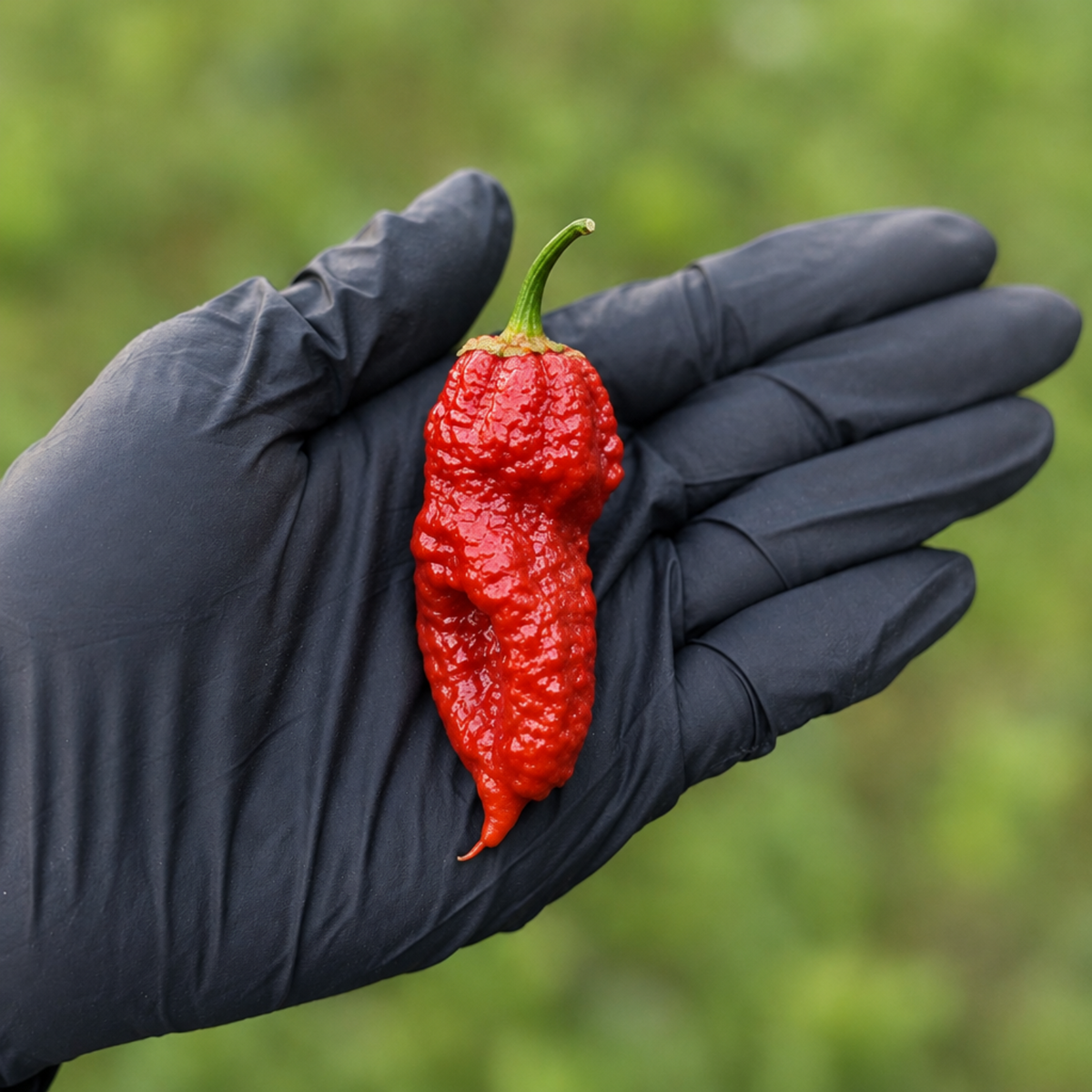 Single Naga Bubblegum 7 Pot pepper on a black-gloved palm used to display pepper seeds for sale