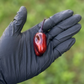 Single Scarlett Chili pepper in a black-gloved palm used to display pepper seeds for sale