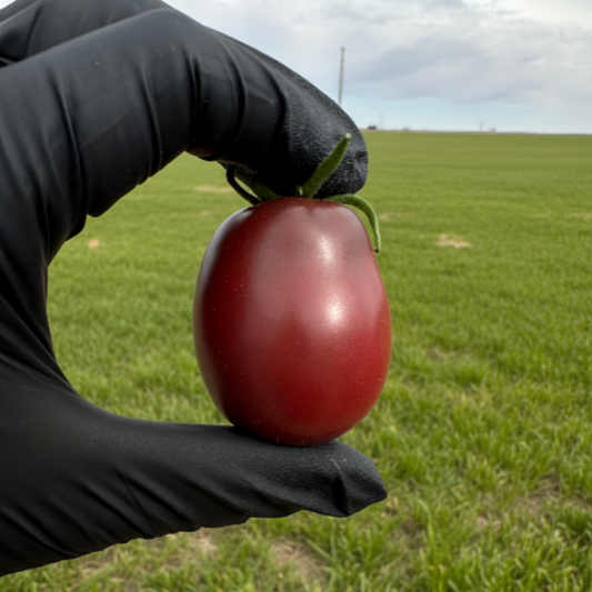 One Pepper Joe's ukrainian purple tomato held in a gloved hand, used to display tomato seeds for sale