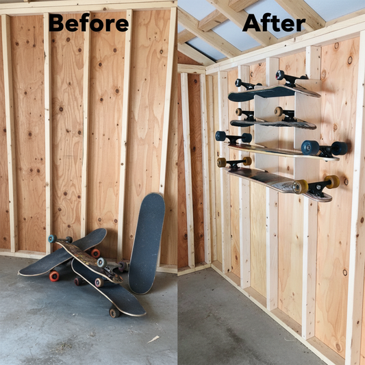 Before and after comparison showing skateboards cluttering the floor inside an unfinished shed versus neatly organized on the stud-mounted skateboard organization rack.