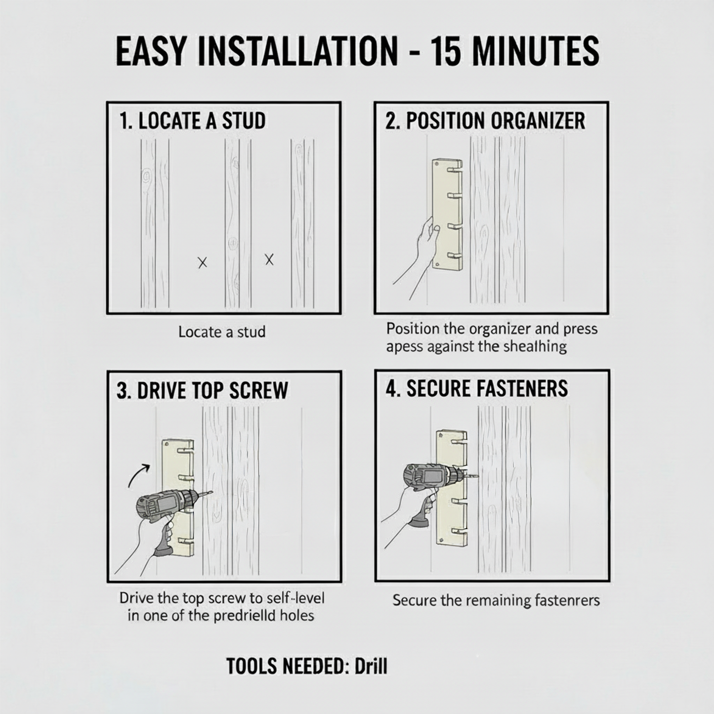 Installation guide for the stud-mounted skateboard organizer showing four steps: locate studs, position organizer, drive top screw, and secure the rest of the fasteners, with required tools listed as drill.