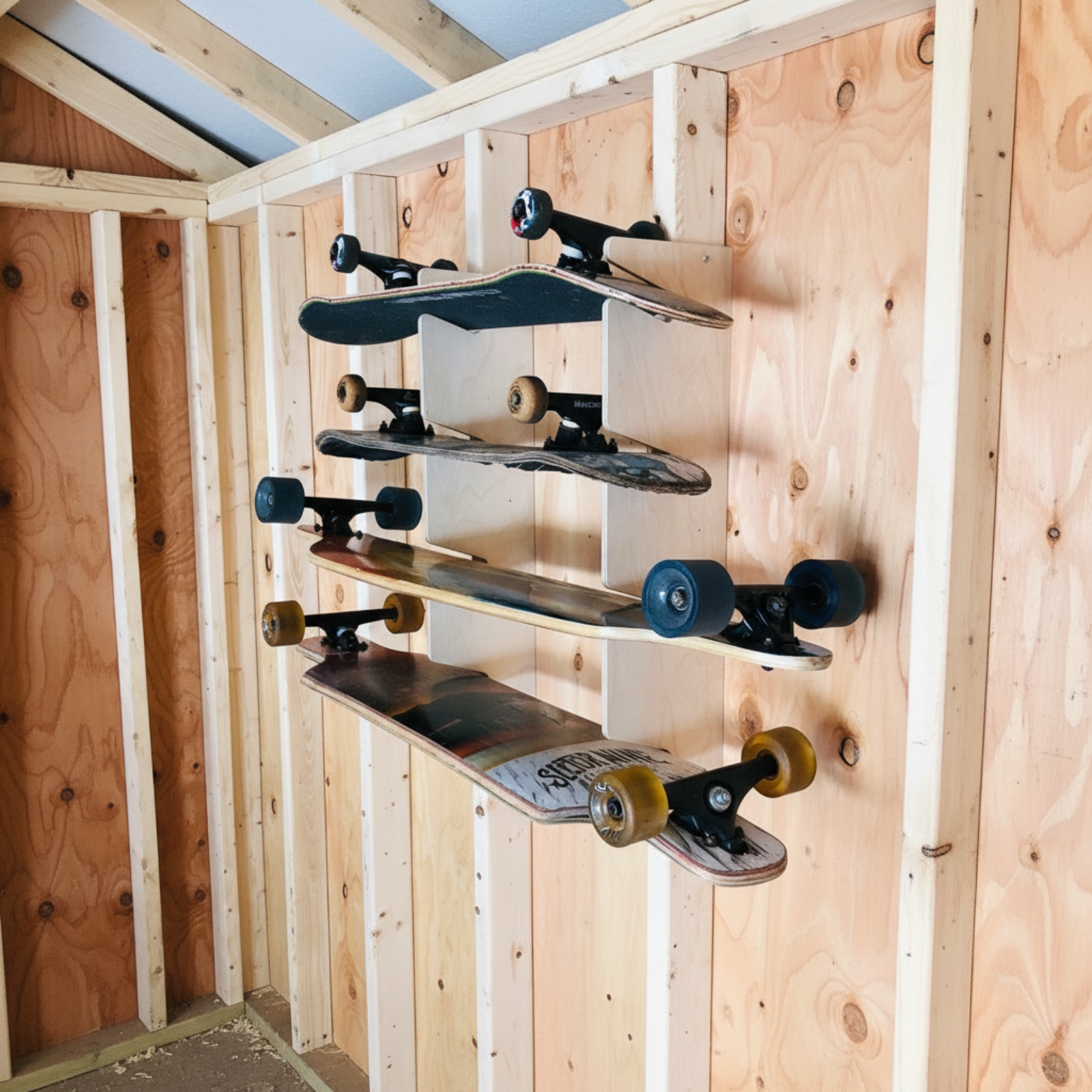 Stud-mounted skateboard organization rack holding multiple skateboards , neatly organized inside an unfinished shed wall.
