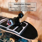 Installation guide for the stud-mounted skateboard organizer showing four steps: locate studs, position organizer, drive fasteners, repeat for second rack, and add your items.