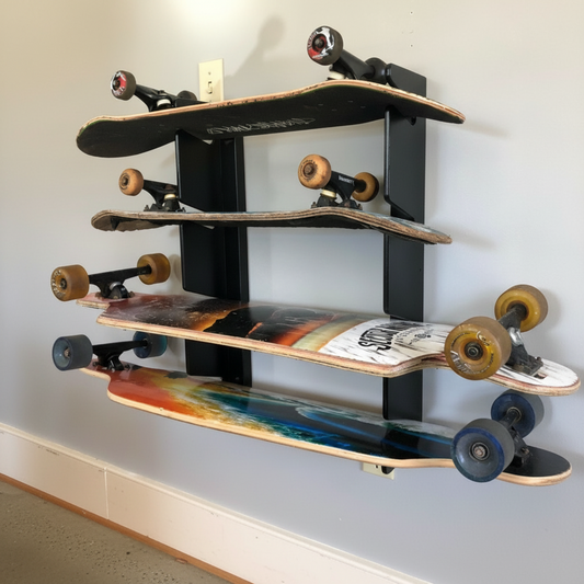 Flush-mounted skateboard rack in black finish holding multiple skateboards and longboards, neatly organized.