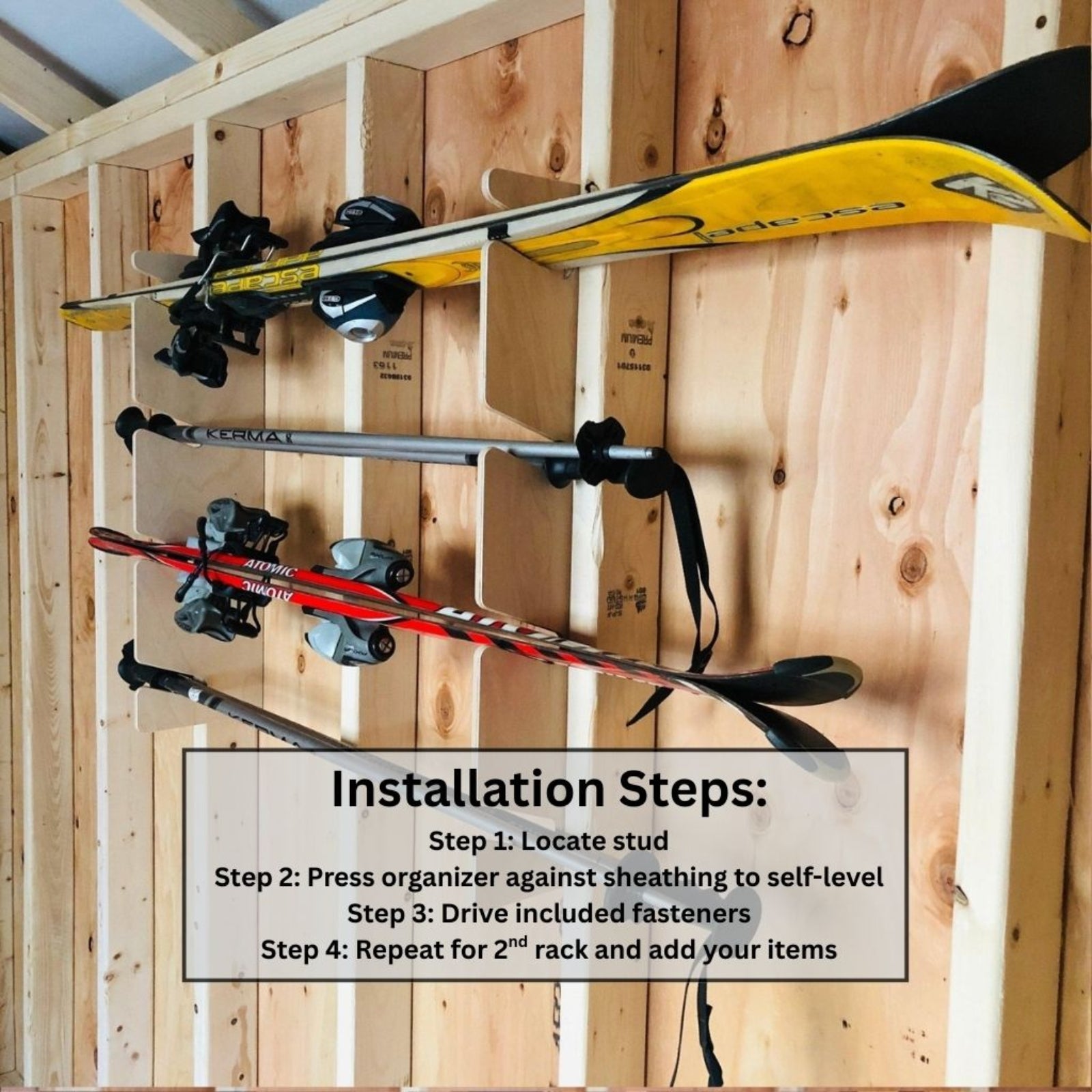 Installation guide for the stud-mounted ski organizer showing four steps: locate studs, position organizer, drive fasteners, repeat for second rack, and add your items.