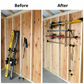 Before and after comparison showing snow skis and snow poles leaning against the wall inside an unfinished shed versus neatly organized on the stud-mounted ski organization rack.