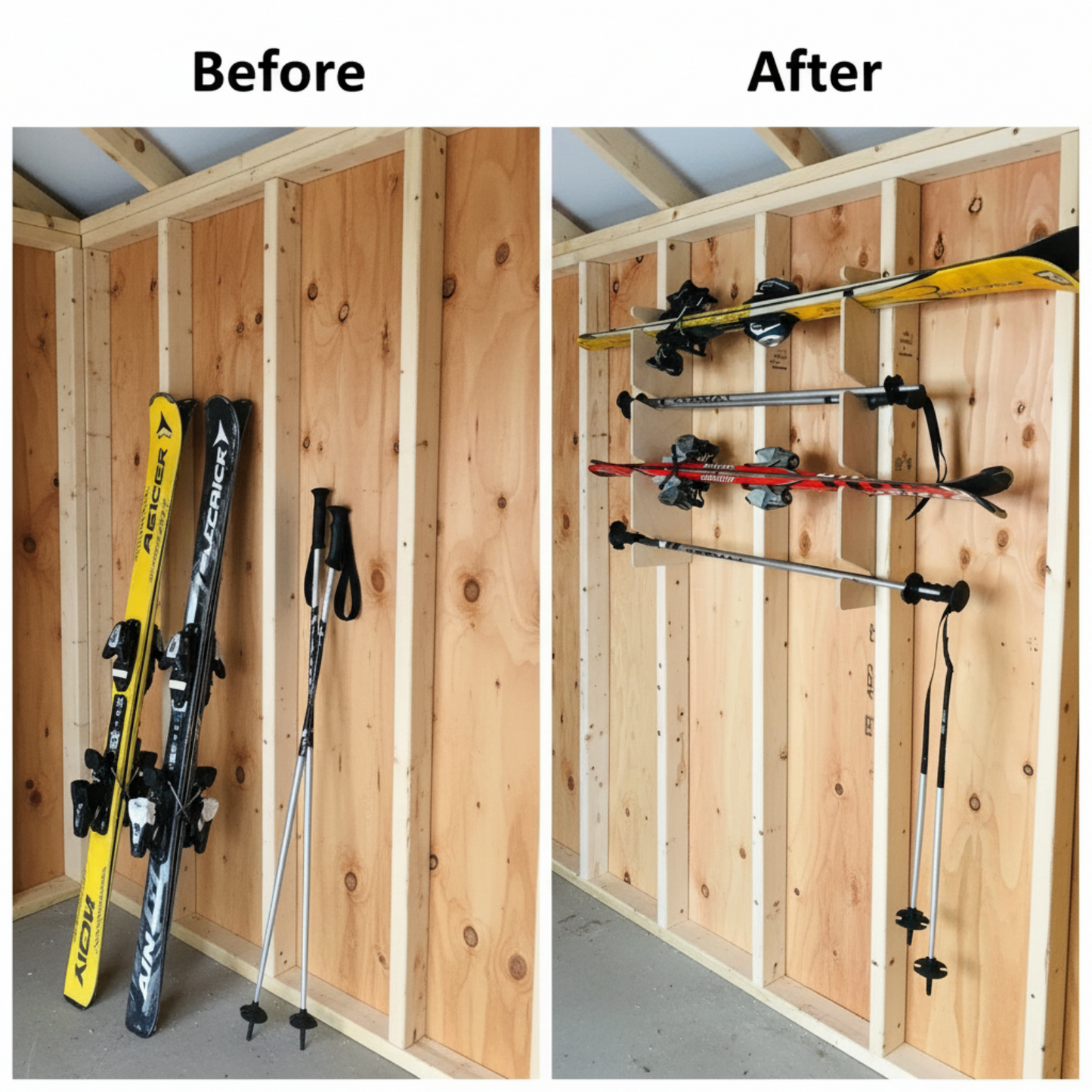 Before and after comparison showing snow skis and snow poles leaning against the wall inside an unfinished shed versus neatly organized on the stud-mounted ski organization rack.