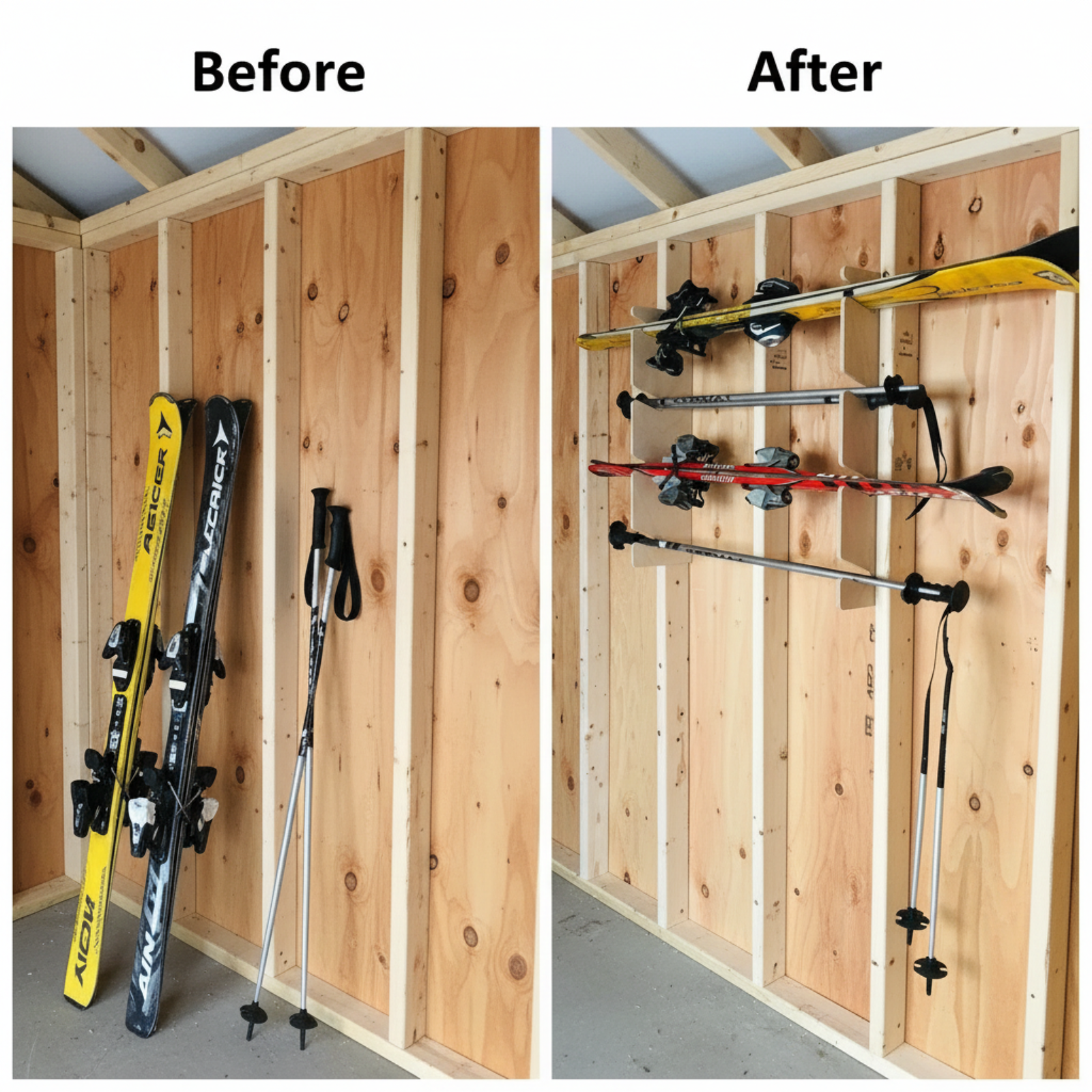 Before and after comparison showing snow skis and snow poles leaning against the wall inside an unfinished shed versus neatly organized on the stud-mounted ski organization rack.