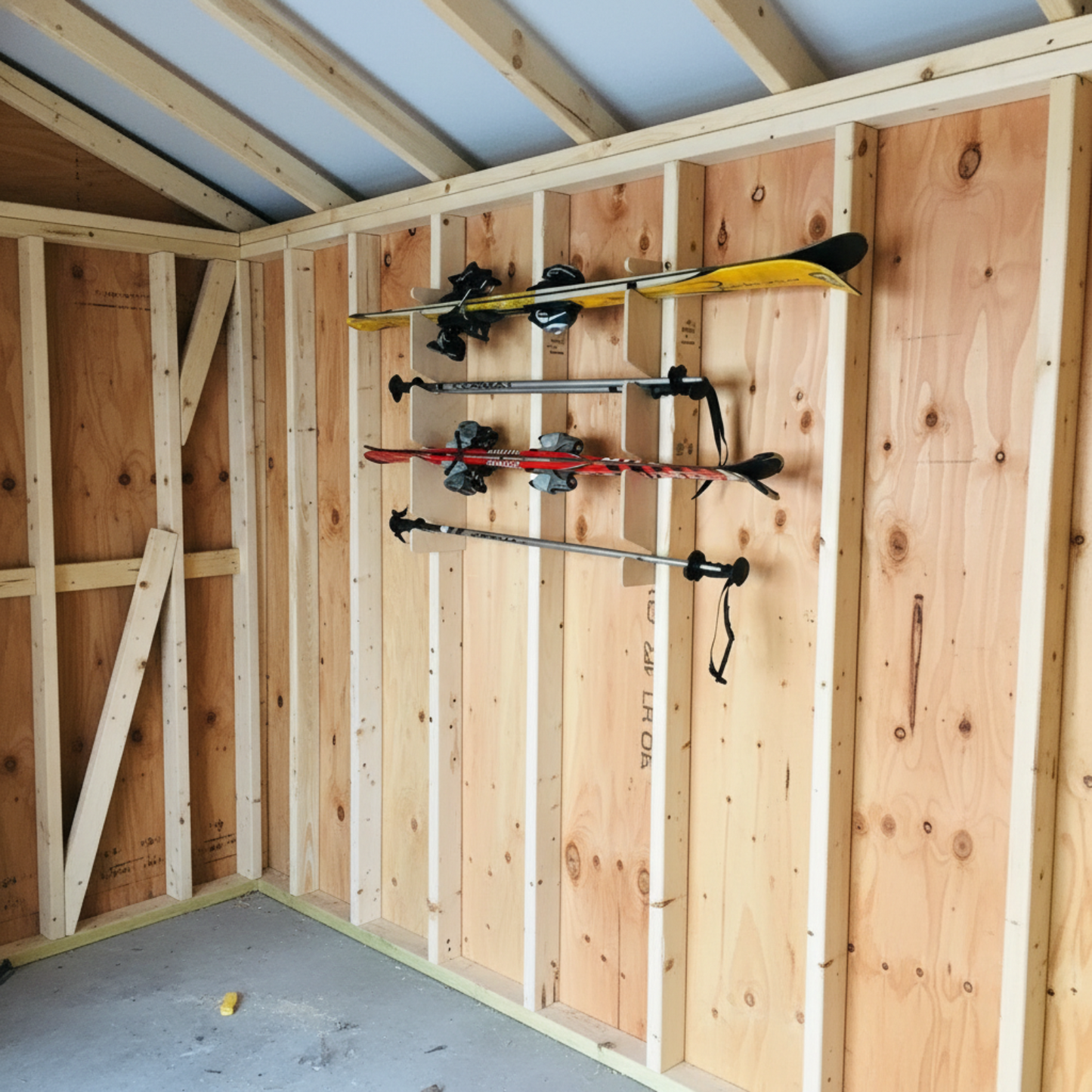 Stud-mounted ski organization rack holding two sets of snow skis and two sets of snow poles , neatly organized inside an unfinished shed wall.