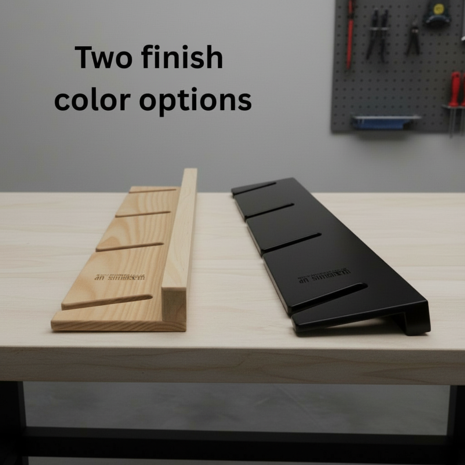 Two ski rack finish options shown on a workbench, featuring a natural wood  and a black for storing snow and water skis.