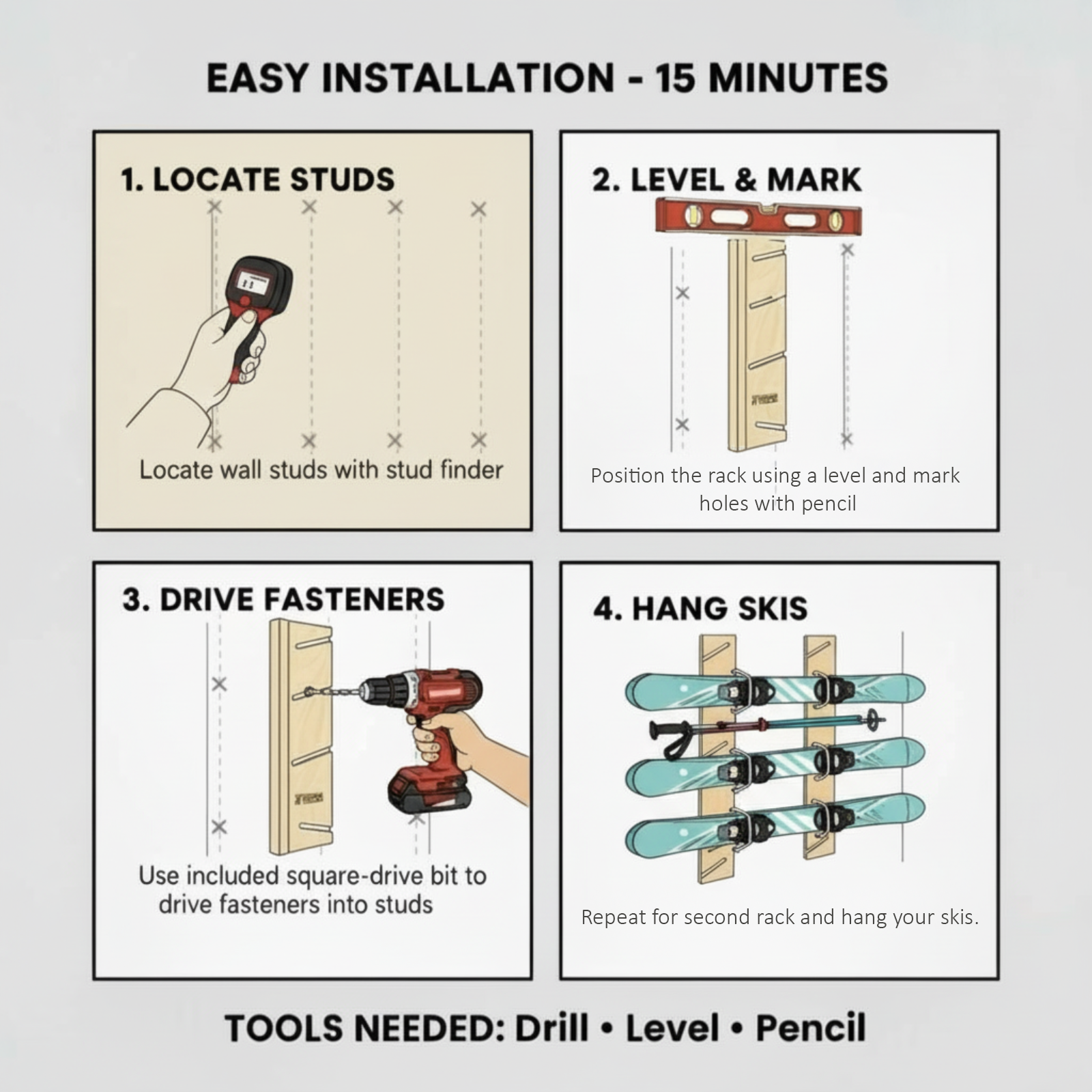 Installation guide for the flush-mounted ski rack showing four steps: locate studs, level and mark predrilled holes, drive fasteners, repeat for second rack and hang skis, with required tools listed as drill, level, and pencil.
