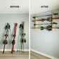 Before and after comparison showing snow skis and poles cluttering the floor versus neatly organized on the flush-mounted ski rack.