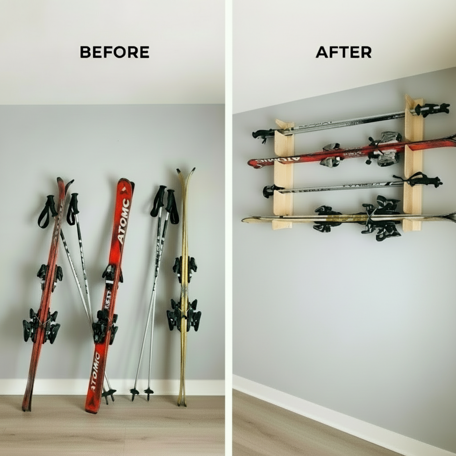Before and after comparison showing snow skis and poles cluttering the floor versus neatly organized on the flush-mounted ski rack.