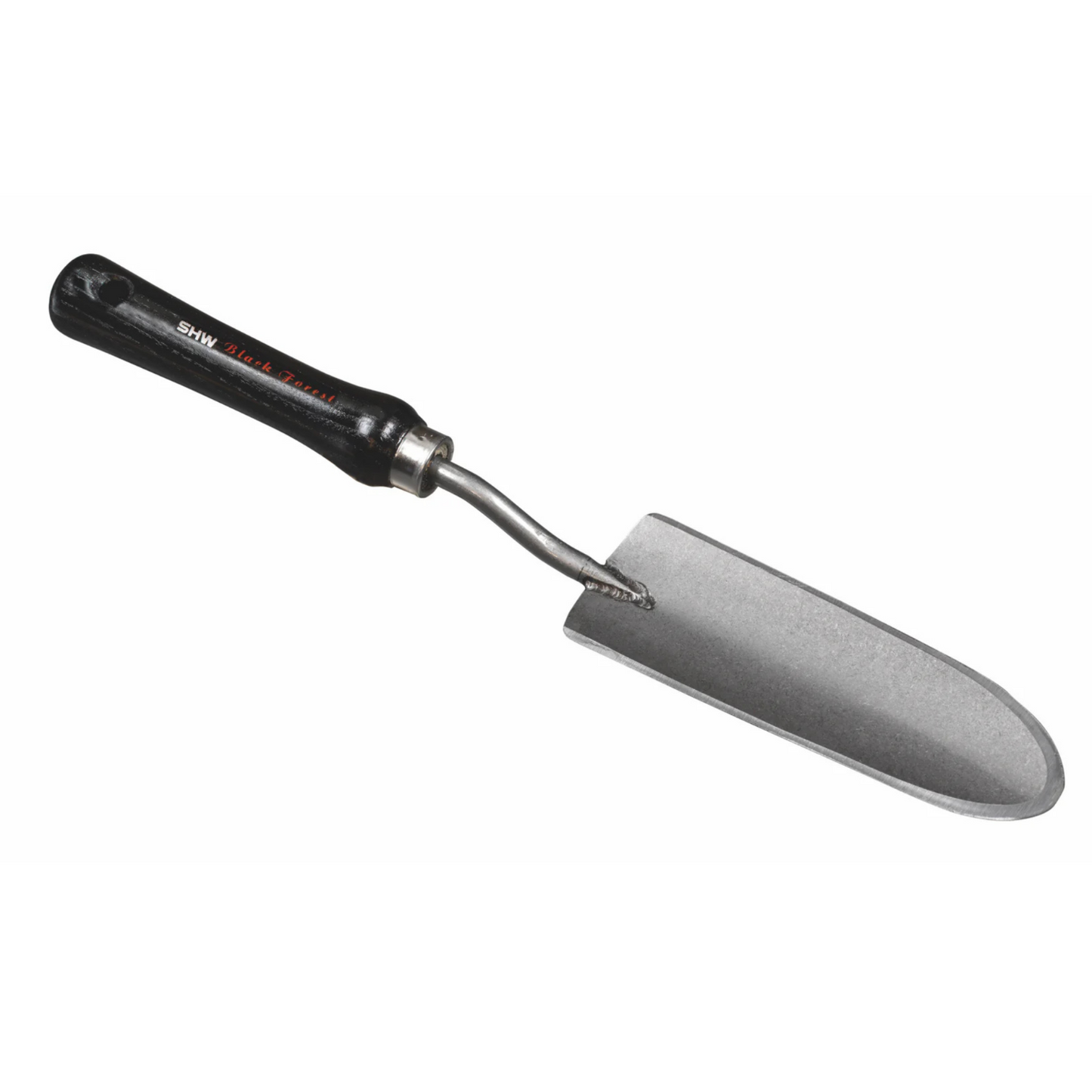 Small hand garden scoop with a narrow metal blade and black handle for digging or planting, on white background