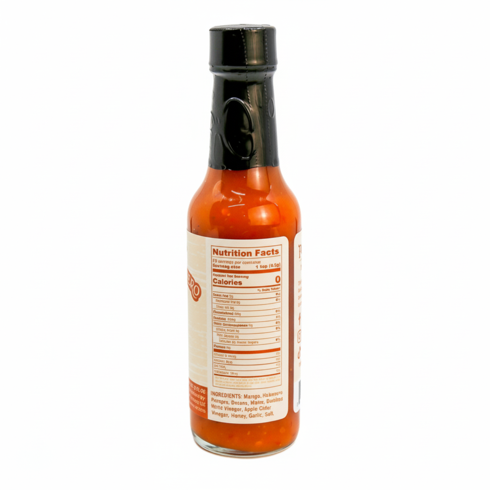 Back label of Smoked Mango Habanero Hot Sauce bottle showing ingredients and nutrition facts