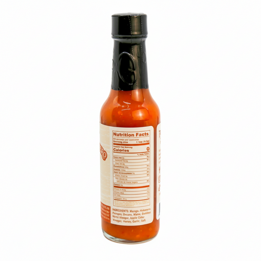Back label of Smoked Mango Habanero Hot Sauce bottle showing ingredients and nutrition facts