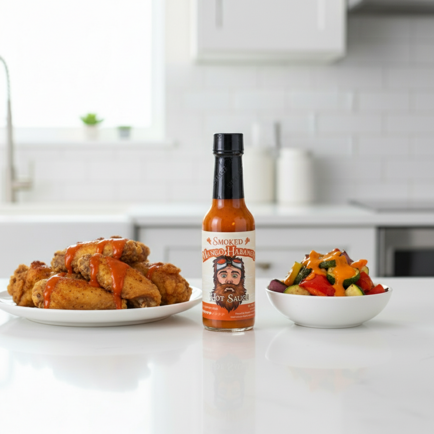Smoked Mango Habanero Hot Sauce bottle on a white kitchen counter beside a grilled vegetables and a plate of fried chicken wings drizzled with spicy hot sauce.
