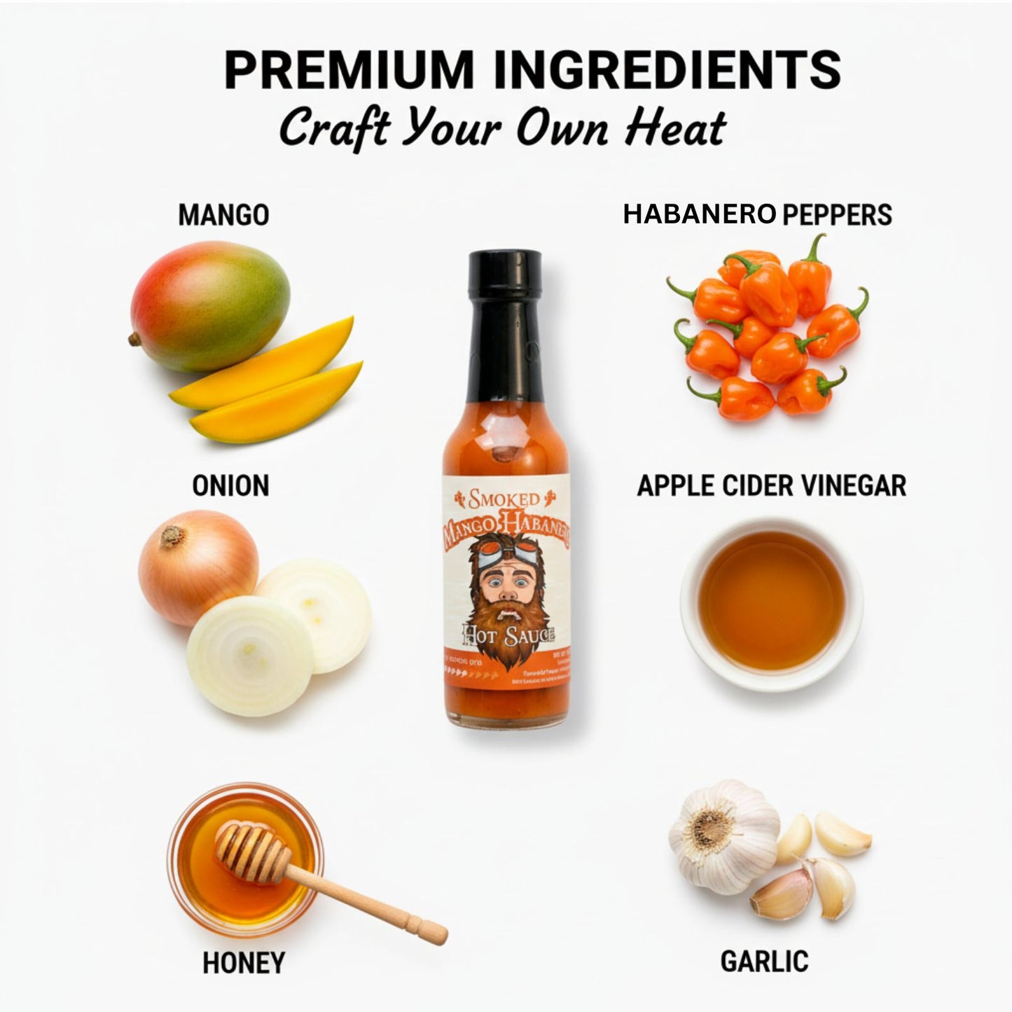 Smoked Mango Habanero Hot Sauce bottle surrounded by fresh premium ingredients like mango, habanero peppers, onion, apple cider vinegar, honey and garlic used to make the sauce.