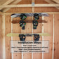 Installation guide for the stud-mounted snowboard organizer showing four steps: locate studs, position organizer, drive fasteners, repeat for second rack, and add your items.