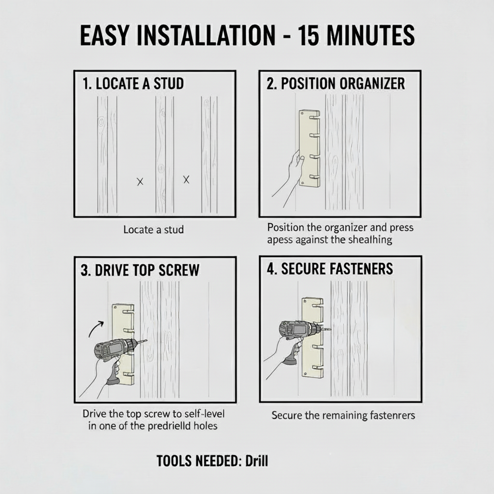 Installation guide for the stud-mounted snowboard organizer showing four steps: locate studs, position organizer, drive top screw, and secure the rest of the fasteners, with required tools listed as drill.