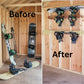 Before and after comparison showing snowboards cluttering the floor inside an unfinished shed versus neatly organized on the stud-mounted snowboard organization rack.