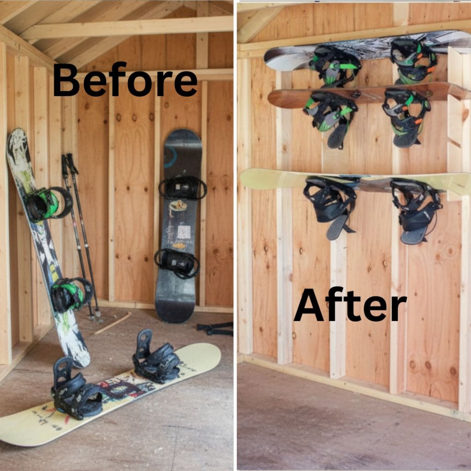 Before and after comparison showing snowboards cluttering the floor inside an unfinished shed versus neatly organized on the stud-mounted snowboard organization rack.