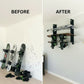 Before and after comparison showing snowboards cluttering the floor versus neatly organized on a wall using a Snowboard Rack – Flush Mount system