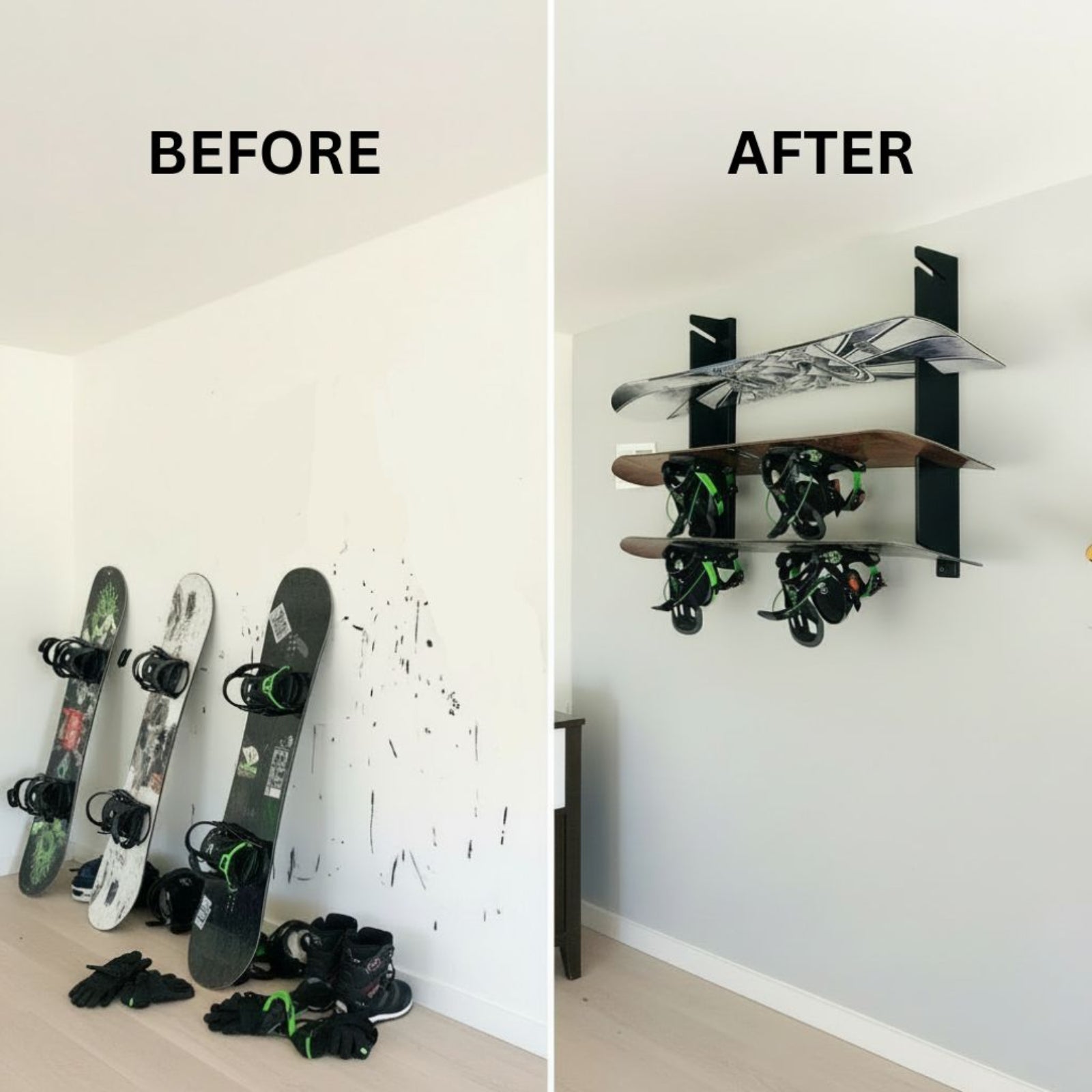 Before and after comparison showing snowboards cluttering the floor versus neatly organized on a wall using a Snowboard Rack – Flush Mount system