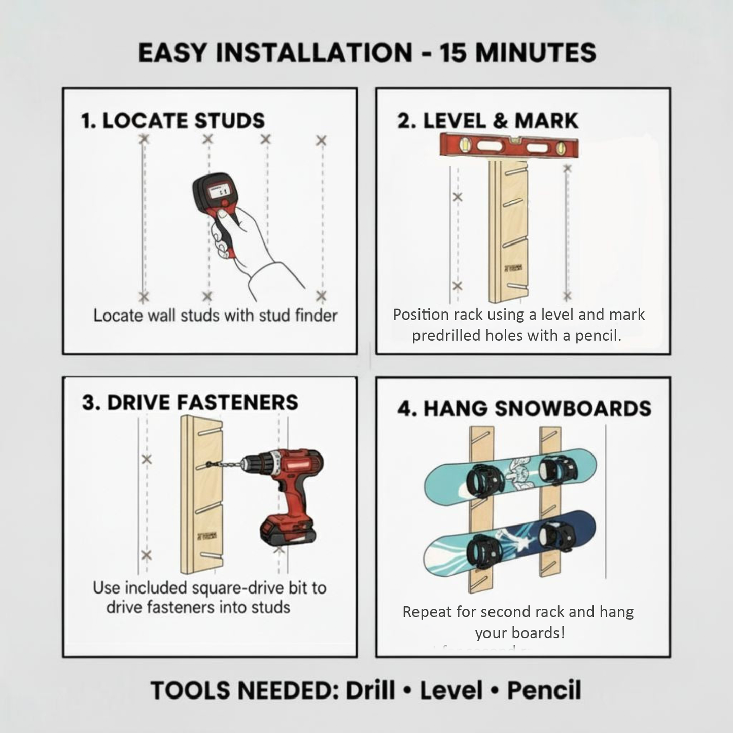 Snowboard Rack – Flush Mount installation guide showing four steps: locate studs, level and mark, drive fasteners, repeat for second rack and hang snowboards, with required tools listed as drill, level, and pencil