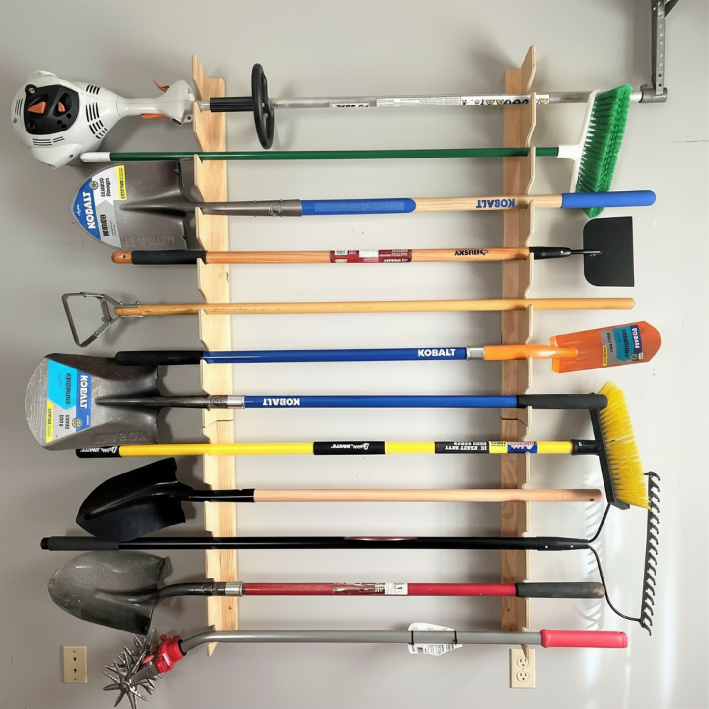 Two stacked flush-mounted garden tool racks holding an extensive variety of yard tools, including shovels, rakes, brooms, trimmers, and hoes, organized neatly on a garage wall.