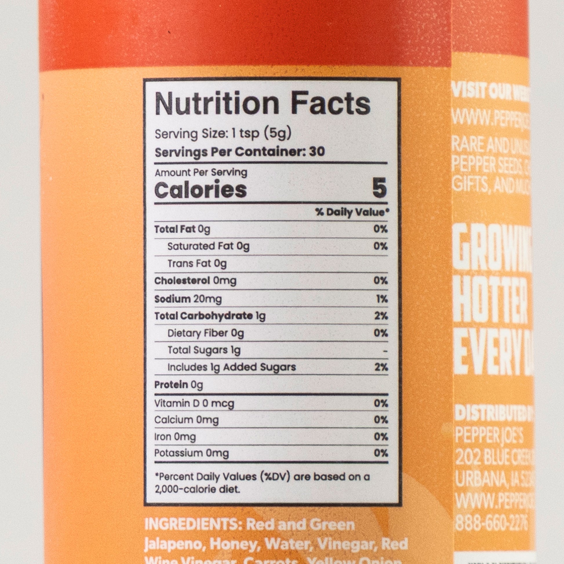 Nutrition facts label on a bottle of Sweet Honey Reaper Hot Sauce.