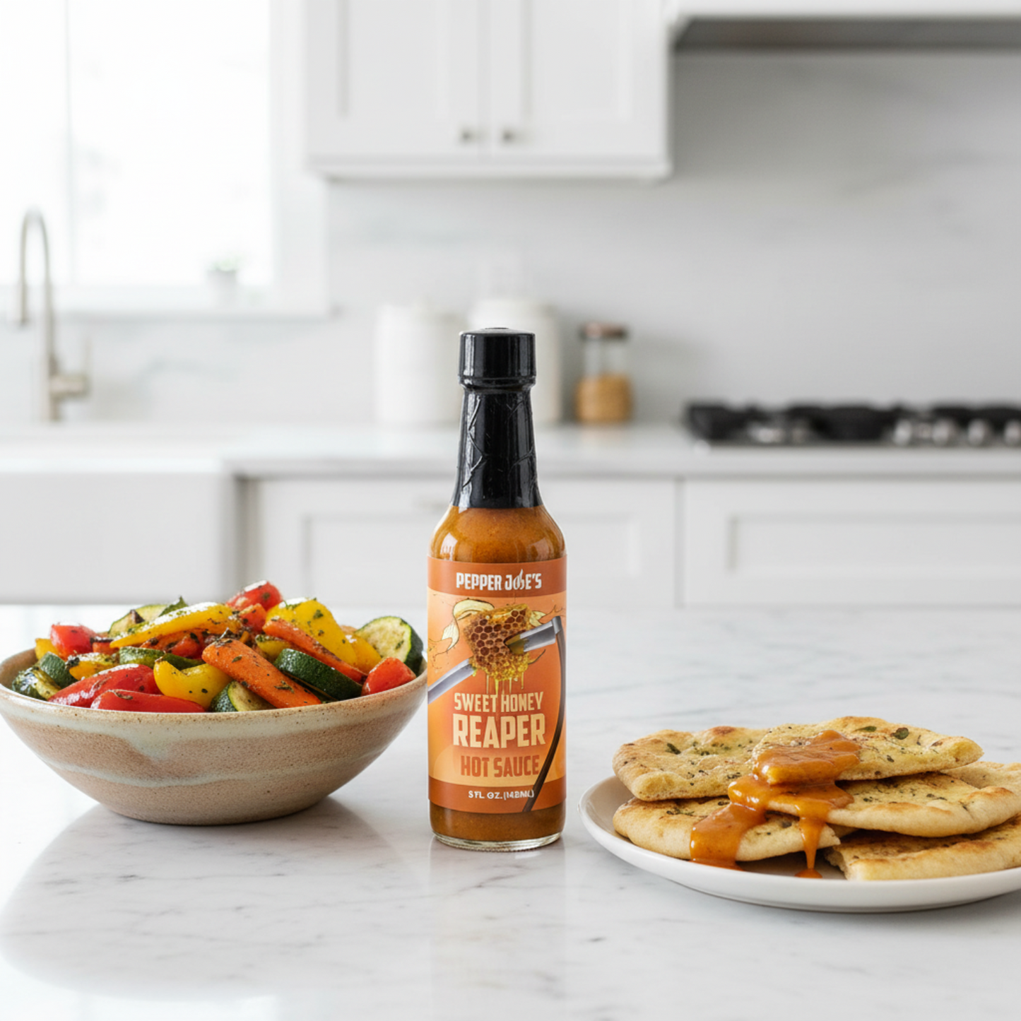 Sweet Honey Reaper Hot Sauce bottle on a white kitchen counter beside a bowl of grilled vegetables and a plate of flatbread drizzled with spicy hot sauce.