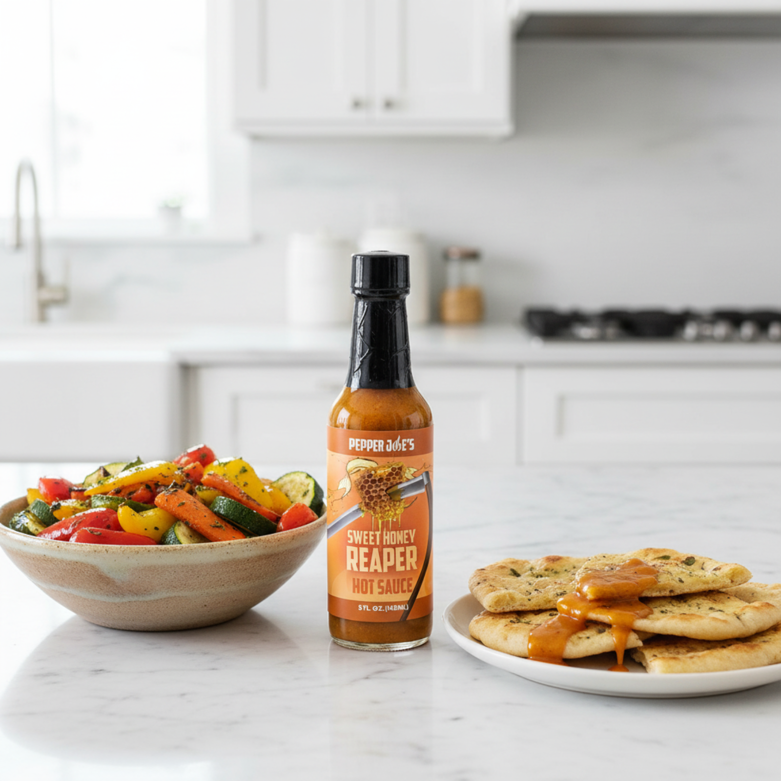 Sweet Honey Reaper Hot Sauce bottle on a white kitchen counter beside a bowl of grilled vegetables and a plate of flatbread drizzled with spicy hot sauce.