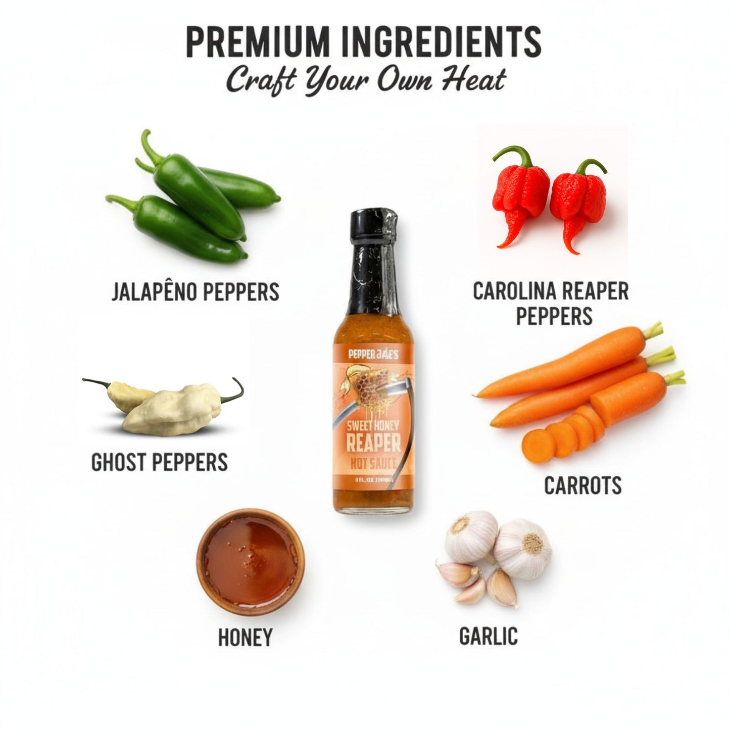 Sweet Honey Carolina Reaper Hot Sauce bottle surrounded by fresh premium ingredients like jalapeno peppers, carolina reaper peppers, white ghost peppers, carrots, honey, and spices used to make the sauce.