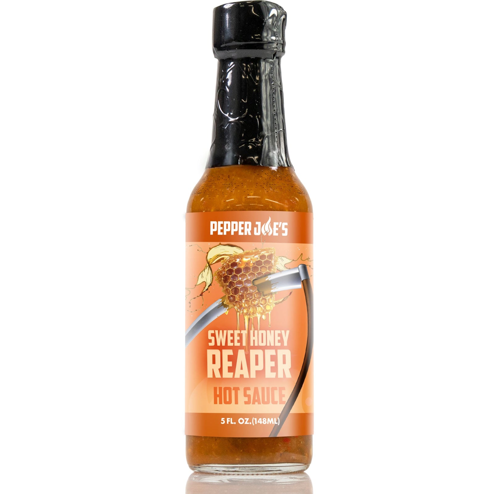 Bottle of Pepper Joe's Sweet Honey Reaper hot sauce on a white background