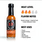 Mango Tango Hot Sauce heat and flavor infographic showing heat level 3 of 5 with sweet mango, tropical fruit, and zesty habanero heat flavor notes, suggesting best uses on tacos, grilled shrimp, fish, wings, rice bowls, and tropical glazes.