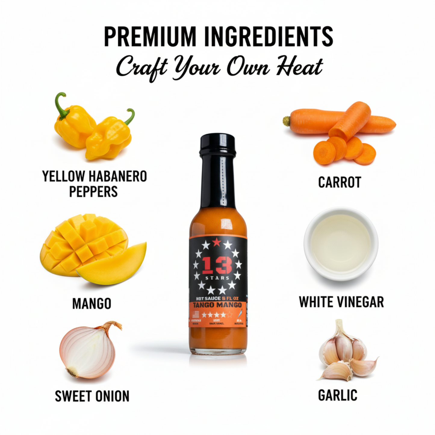 Tango Mango Hot Sauce bottle surrounded by fresh premium ingredients like yellow habanero peppers, mango, carrots, white vinegar, and spices used to make the sauce.