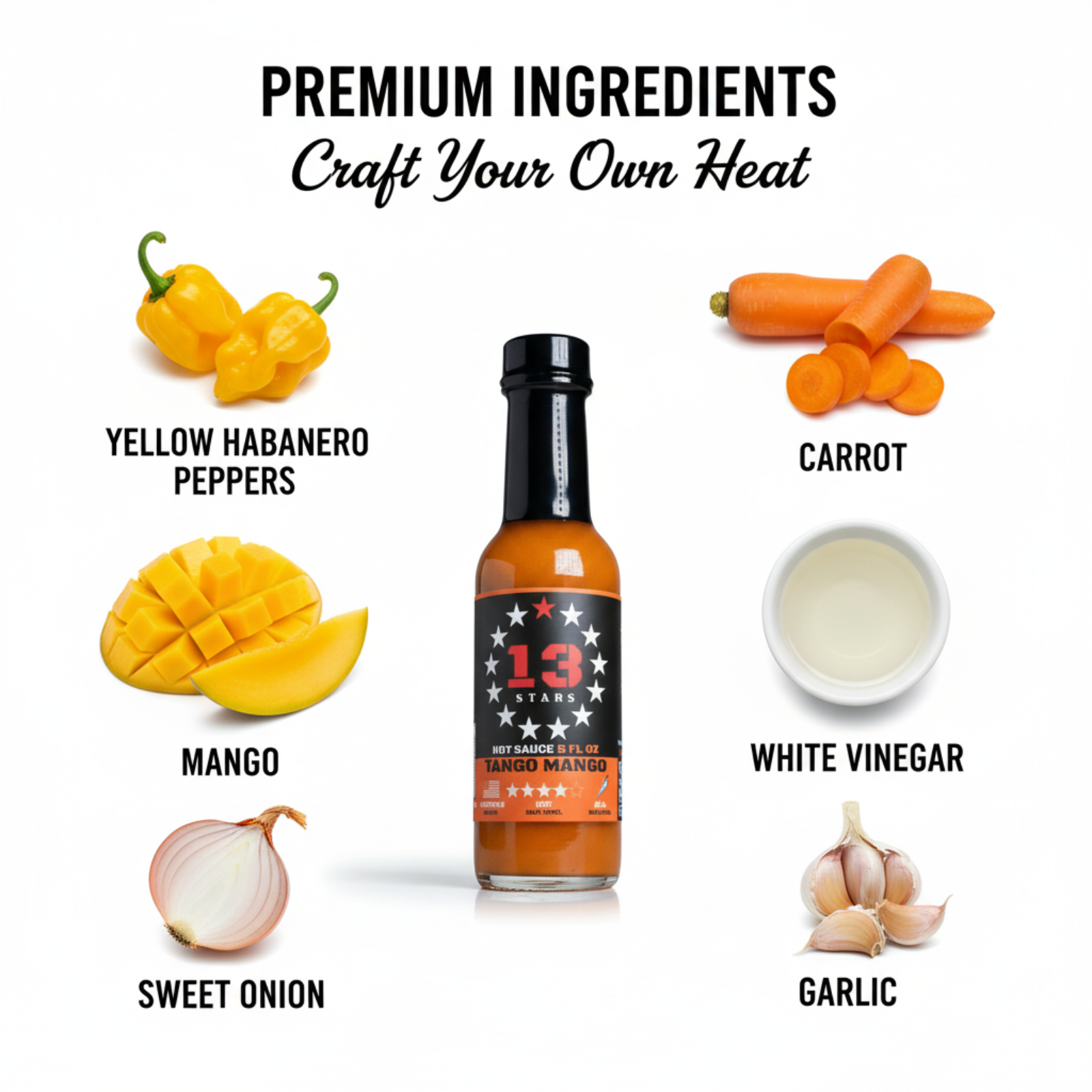 Tango Mango Hot Sauce bottle surrounded by fresh premium ingredients like yellow habanero peppers, mango, carrots, white vinegar, and spices used to make the sauce.