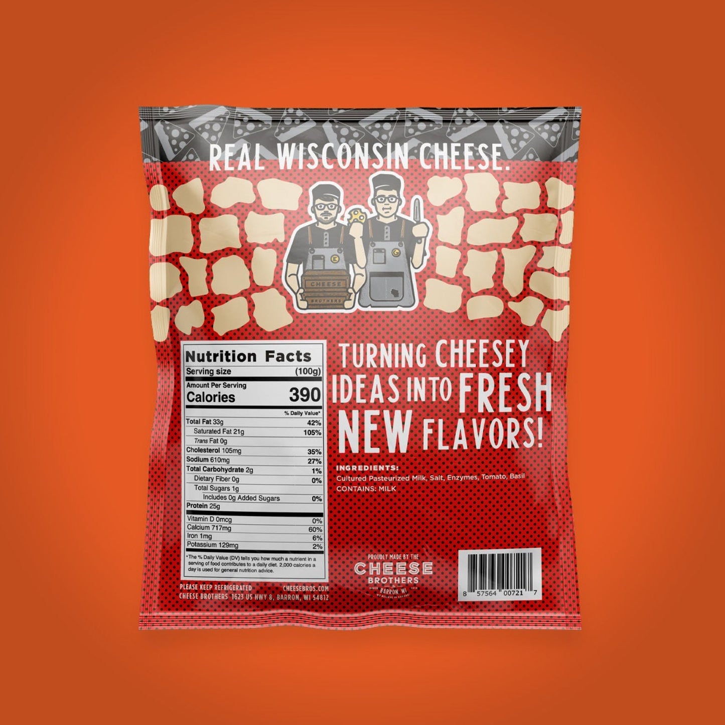 Package of Tomato Basil cheese curds presented on plain orange background showing nutrition label and ingredients